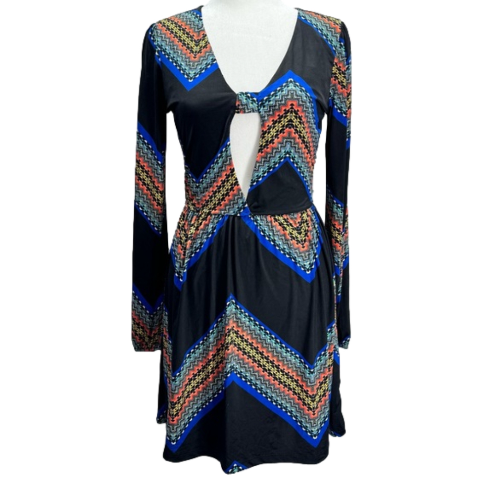 Zigzag Stripe Long Sleeve Dress with Cutout Plunge Front Retro